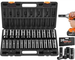 VEVOR Slagsleutelset met Doppen, 1/2 inch, 26-delig, Inbussleutels, Metrische maten 10–30 mm, 32–36 mm, Slagsleutelset met Koffer, Gemaakt van Chroom-Vanadium Gelegeerd Staal, voor Voertuigreparaties