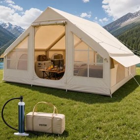 VEVOR Opblaasbare Campingtent 4x3x2 m, 5-8 personen, 300D Oxford Glampingtent met aansluiting voor kachel, handpomp, 2 deuren en 4 gaasramen, incl. opbergtas voor gemakkelijk transport