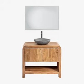 Vacry Houten Badkamermeubelset Acacia Bruin & Rond Grijs Cement Ø40 Cm Tarsis & Rechthoekige Led En Anticondens 100x70 Cm Riben & Mat Zwart ↑30 Cm Met