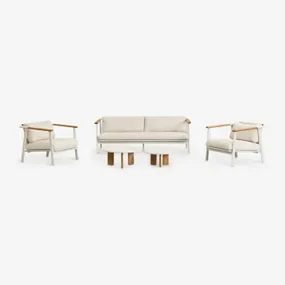 Tuinset Met 3-zits Bank In Bouclé Stof, 2 Salontafels En 2 Fauteuils In Aluminium Yervin Bouclé Natuurlijke Kleuren - Sklum