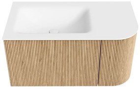 Mondiaz Kurve 85cm badmeubel ronding rechts oak met 1 lade en deur en wastafel cloud kraangat links
