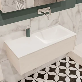 Lush onderkast 100cm in kleur UNDERLAYMENT met 1 lade Push tot open  geschikt voor rechtse wastafel. Compleet met solid surface wastafel cloud M35134met 0 kraangat(en)