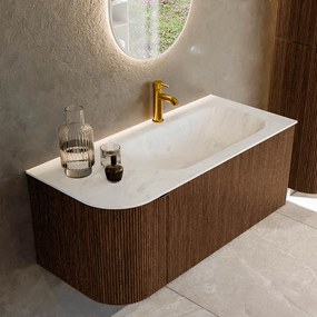Mondiaz Kurve-dlux 105cm badmeubel ronding links walnut met 1 lade en deur en wastafel big small kraangat rechts opalo