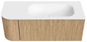 Mondiaz Kurve 115cm badmeubel ronding links oak met 1 lade en deur en wastafel big small kraangat rechts