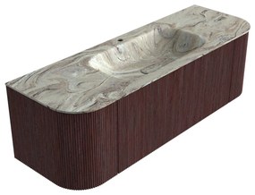 Mondiaz Kurve-dlux 140cm badmeubel ronding links/rechts ruby met 1 lade en 2 deuren en wastafel big small midden 1 kraangat glace