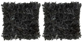 vidaXL Kussens 2 st shaggy hoogpolig 45x45 cm leer en katoen zwart