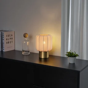 Stoffen Japandi tafellamp goud met beige kap - PluniJapandi E27 Scandinavisch bol / globe / rond Binnenverlichting Lamp