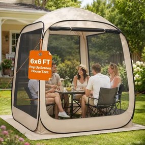 VEVOR Campingtent, 182,88 x 182,88 x 219,4 cm, feesttent voor 4-6 personen, pop-up tent met draagtas, gaaswanden en haringen, voor tuin, terras en buitenactiviteiten, beige