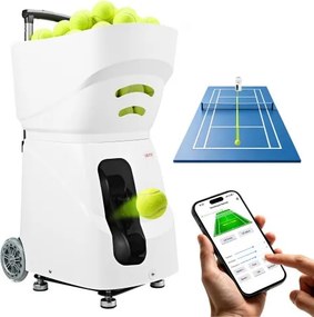 VEVOR Tennisballenmachine, max. 121 km/u, tafelballenwerper, capaciteit 110 ballen, met spinregeling, app-bediening, 2 trainingsmodi, 4 uur batterijduur, uitschuifbare handgreep, wielen en kunststof behuizing.