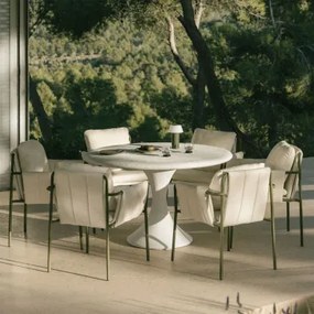 Ronde Tafelset Ø120 Cm In Eloria Cement En 6 Tuinstoelen Met Armleuningen, Gestoffeerd En Van Zunika Staal Groen – Intens Olijf - Sklum
