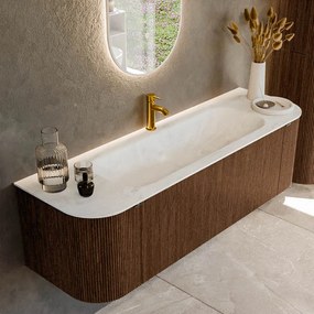 Mondiaz Kurve-dlux 150cm badmeubel ronding links/rechts walnut met 1 lade en 2 deuren en wastafel big medium midden 1 kraangat opalo