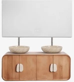 Dubbel Zwevend Badkamermeubelset 130x45 Cm Van Mangohout En Natuurlijke Kivalina-steen Travertijn - Mangohout & 2 X Ronde Travertijn Ø40 Cm Eskel -