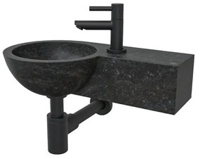 Wiesbaden B waskom rond 40x23x10cm met kraangat rechts hardsteen zwart incl Amador fonteinkraan zwart mat SW106364 - 22.2701 - SW21108 - SW696215 - SW696205