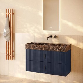 Muebles Murcia badmeubel ribbelfront 100cm marine blauw met Dark Emperador wastafel zonder kraangat