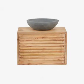 Deleyna Wandgemonteerde Houten Badkamermeubelset Natuurlijk Hout & Rond Grijs Cement Ø40 Cm Tarsis & Spiegelloze & Zonder Kraan - Sklum