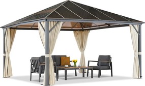 Milos tuinhuisje 4x4m met crèmekleurige gordijnen Tuinpunt