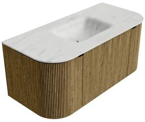 Mondiaz Kurve-dlux 100cm badmeubel ronding links/rechts dusk met 1 lade en 2 deuren en wastafel grunne midden zonder kraangat opalo