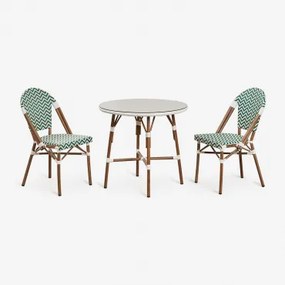 Brielle Bistro Ronde Tafelset, Ø80 Cm, En Twee Stapelbare Tuinstoelen Van Aluminium En Synthetisch Rotan. Groen – Kool - Gardenia Wit - Sklum