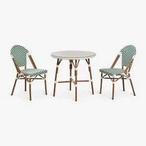 Brielle Bistro Ronde Tafelset, Ø80 Cm, En Twee Stapelbare Tuinstoelen Van Aluminium En Synthetisch Rotan. Groen – Kool - Gardenia Wit - Sklum