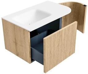 Mondiaz Kurve 75cm badmeubel ronding rechts oak met 1 lade en deur en wastafel grunne kraangat links