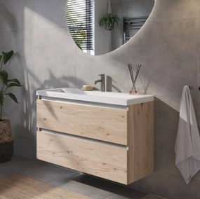 Saqu Gaia ondiep badmeubel incl. glans witte wastafel 100x40x64cm naturel eiken – aluminium greeplijst