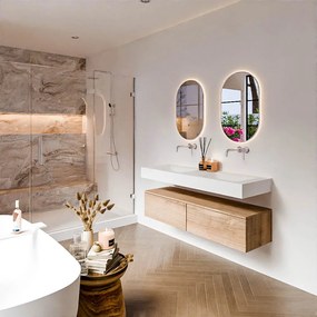 Zaro Alan badmeubel 140cm washed oak 2 lades met vrijhangende wastafel cloud dubbel zonder kraangat talc