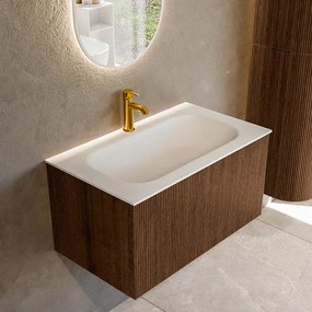 Mondiaz Kurve 80cm badmeubel walnut met 1 lade en wastafel big small midden 1 kraangat