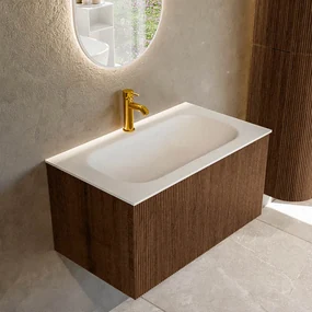Mondiaz Kurve 80cm badmeubel walnut met 1 lade en wastafel big small midden 1 kraangat