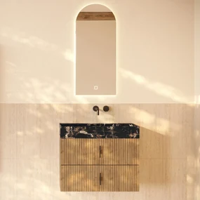 Muebles Murcia badmeubel ribbelfront 80cm eiken met Portoro Gold wastafel zonder kraangat