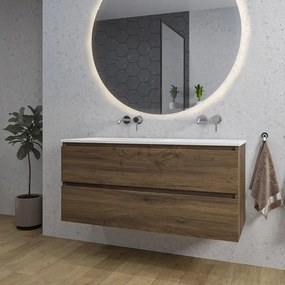 Adema Chaci Badkamermeubelset - 120x46x57cm - 2 keramische wasbakken wit - zonder kraangaten - 2 lades - ronde spiegel met verlichting - noten (hout) SW718699/SW773928/SW161923