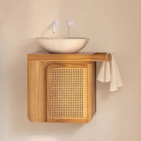 Georgy Zwevend Badkamermeubelset 60x40 Cm In Teakhout Teakhout & Rond Cement Wit Ø40 Cm Zavion & Spiegelloze & Wit Ingebed Met Aftapkraan Zonder Overl