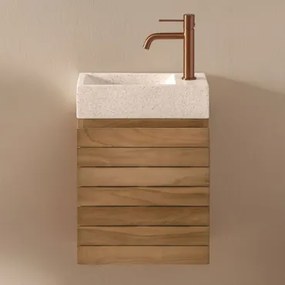 Conjunto Vaniteitmeubel Zwevend Van Teakhout Met Geïntegreerde Wasbak Van Napier-cement Teakhout & Spiegelloze & Roségoud - Sklum