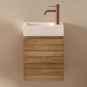 Wandgemonteerde Badkamermeubelset 40x20 Cm Van Teakhout Met Geïntegreerde Napier Cementen Wastafel Teakhout & Spiegelloze & Roségoud Geborsteld ↑20 Cm