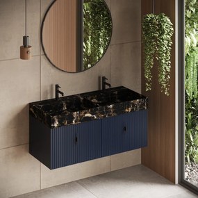 Muebles Zahora badmeubel ribbelfront 120cm marine blauw met Portoro Gold wastafel met kraangaten