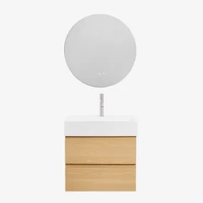 Badkamermeubelset Van Hout En Essenhoutfineer Met Geïntegreerde Wastafel Ona Natuurlijk Hout & Round Led And Antifog Ø70 Cm Solyn & - Sklum