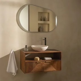Badkamermeubelset Van Mangohout Baty Mangohout & Rond Cement Wit Ø40 Cm Zavion & Ovaal Led En Anticondens 100x80 Cm Meunier & Zwart - Sklum