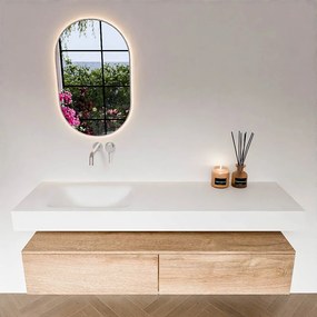 Zaro Alan badmeubel 160cm washed oak 2 lades met vrijhangende wastafel cloud links zonder kraangat talc
