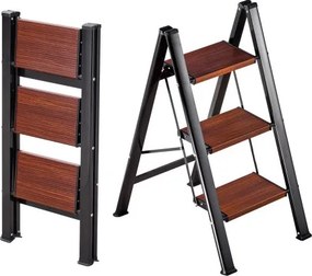 VEVOR 3-treden opvouwbare ladder met antislip treden in houtlook, huishoudladder met een draagvermogen van 150 kg, aluminium veiligheidsladder voor klussen en schoonmaakwerkzaamheden.