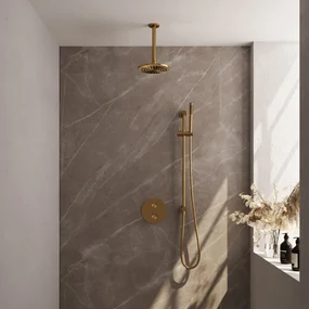 Brauer Gold Edition thermostatische inbouw regendouche met staafhanddouche, plafondarm, glijstang en hoofddouche 20cm set 89 messing geborsteld PVD