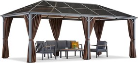 Milos tuinhuisje 3x6m met bruine gordijnen Tuinpunt