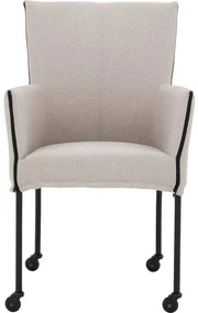Goossens Eetkamerstoel Funk Zwarte Poten wit stof met armleuning en met wielenZwart skater wiel met zwarte kap, modern design