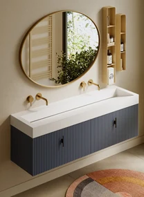 Muebles Calas badmeubel ribbelfront 160cm marine blauw met solid surface wastafel zonder kraangaten
