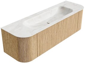 Mondiaz Kurve-dlux 150cm badmeubel ronding links/rechts oak met 1 lade en 2 deuren en wastafel big medium midden zonder kraangat ostra