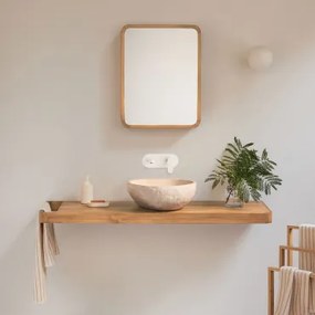 Conjunto Van Meubel 130x45 Cm Hangend In Teakhout Neill Teakhout & Onregelmatige In Beige Cement ↔︎40 Cm Fedro & Wit Ingebed Met Aftapkraan Zonder Ove