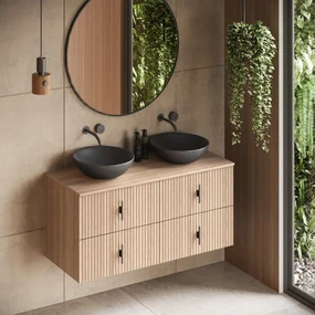 Muebles Mairi badmeubel ribbelfront 120cm naturel eiken met zwarte waskom