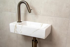 Mueller Mini Apa fonteinset links met wit marmeren fontein en gebogen verouderd messing kraan