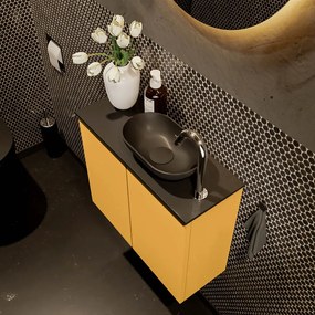 Mondiaz Fowy toiletmeubel 60cm ocher met zwarte waskom rechts en kraangat