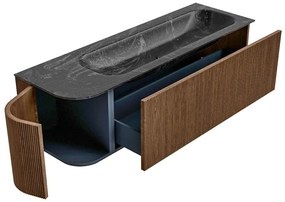 Mondiaz Kurve-dlux 145cm badmeubel ronding links walnut met 1 lade en deur en wastafel big large kraangat rechts lava