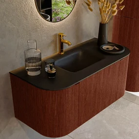 Mondiaz Kurve 100cm badmeubel ronding links/rechts ruby met 1 lade en 2 deuren en wastafel grunne midden 1 kraangat urban