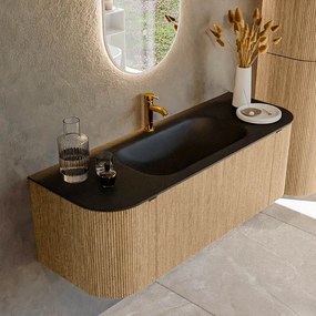 Mondiaz Kurve 130cm badmeubel ronding links/rechts oak met 1 lade en 2 deuren en wastafel big small midden 1 kraangat urban
